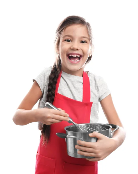 シチュー鍋と泡立て器でかわいい女の子 — ストック写真