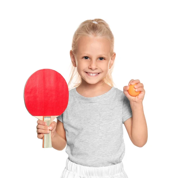 Kleines Mädchen mit Tennisschläger und Ball — Stockfoto