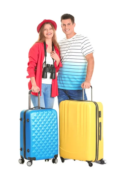 Happy tourists with suitcases — Stock Photo, Image