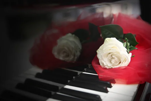 Rosa blanca con tela en teclas de piano — Foto de Stock