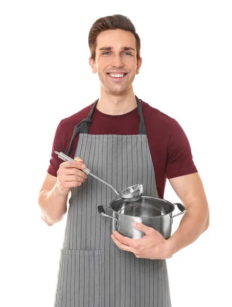 Man with stewpan and ladle — Stock Photo, Image