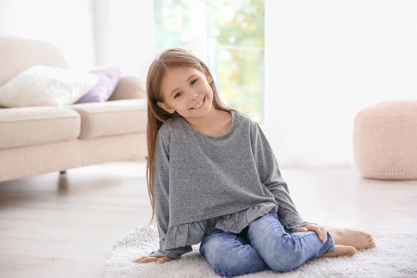 Cute Little Girl Sitting Floor Home — Stock Photo, Image