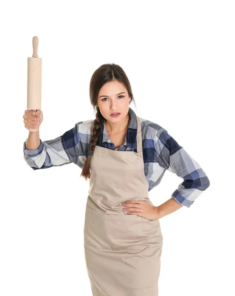 Femme en colère avec rouleau à pâtisserie — Photo