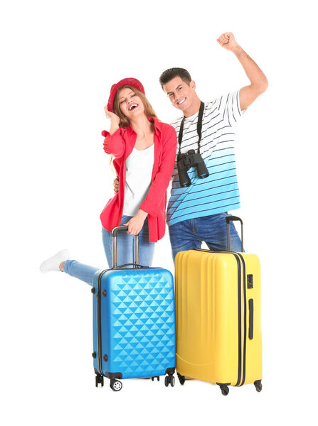 Happy tourists with suitcases