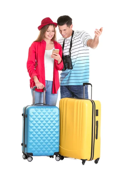 Happy tourists with phone — Stock Photo, Image