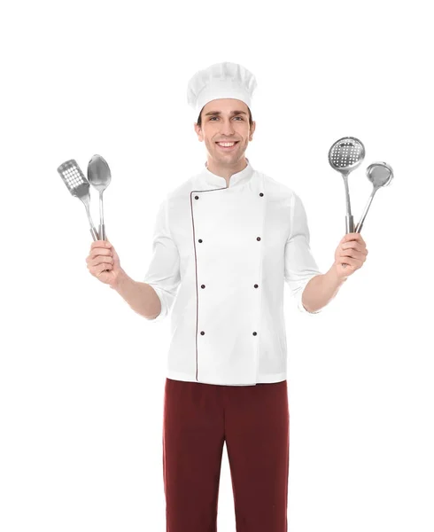 Αρσενικό σεφ με μαγειρικά σκεύη — Φωτογραφία Αρχείου