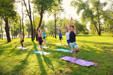 Bir grup genç insan pratik yoga Park