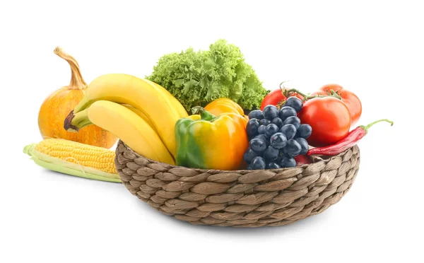 Wicker bowl with fruits and vegetables — Stock Photo, Image