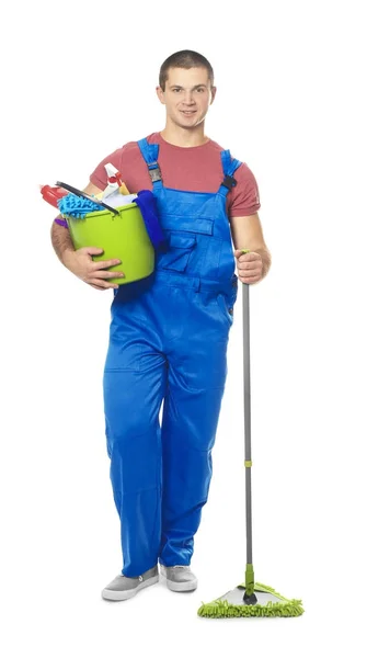 Young man with cleaning supplies — Stock Photo, Image