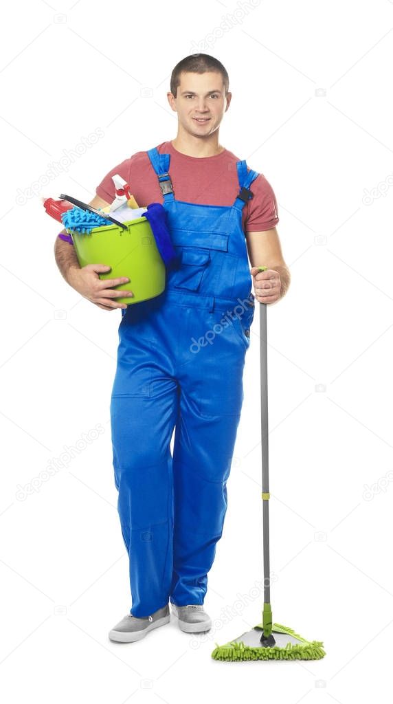 Young man with cleaning supplies 