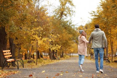Sonbahar gününde Park'ta yürüyordunuz genç Çift