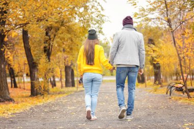 Sonbahar gününde Park'ta yürüyordunuz genç Çift