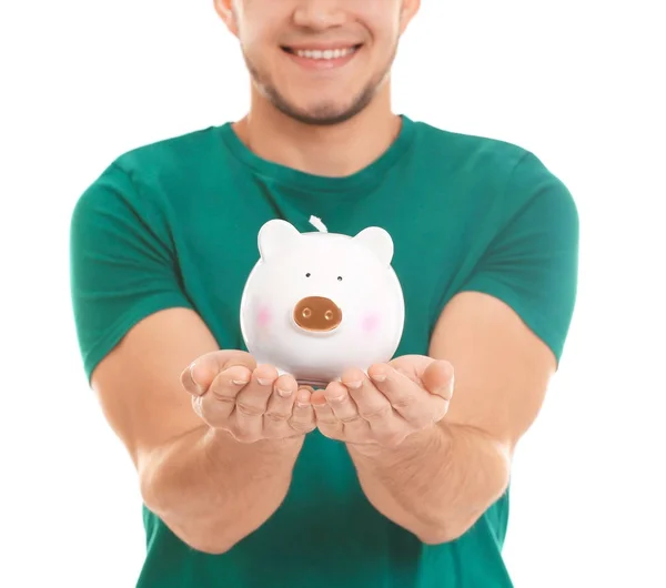 Jovem Feliz Com Banco Porquinho Fundo Branco — Fotografia de Stock