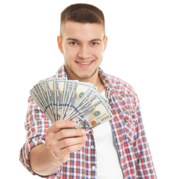 Feliz Joven Con Dinero Sobre Fondo Blanco — Foto de Stock