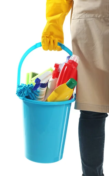 Woman Holding Bucket Cleaning Products Tools White Background — Stock Photo, Image