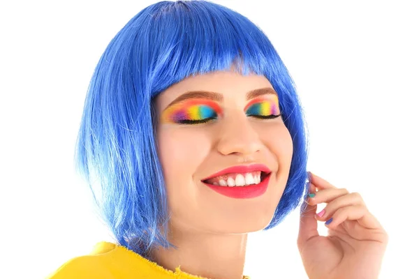 Młoda kobieta z rainbow makijaż — Zdjęcie stockowe