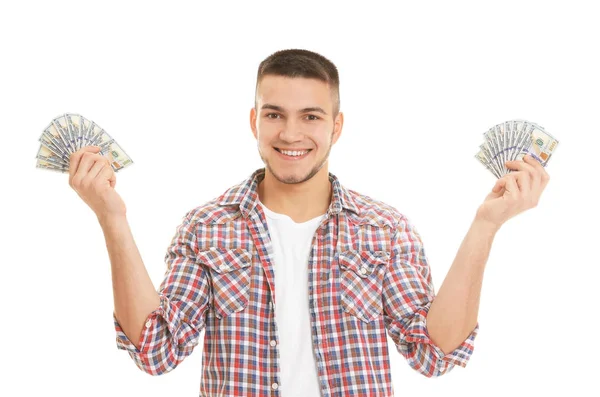 Glad Ung Man Med Pengar Vit Bakgrund — Stockfoto