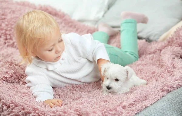 Menina bonito pouco com filhote de cachorro — Fotografia de Stock