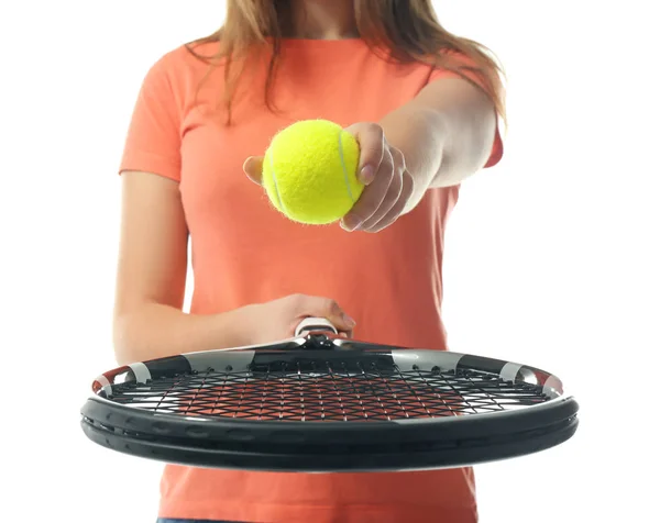 Woman with tennis racket and ball on white background — Stock Photo, Image