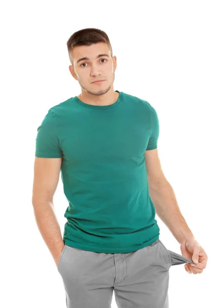 Young Man Showing His Empty Pocket White Background — Stock Photo, Image