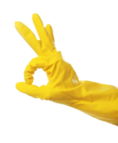 Female Hand Rubber Glove Showing Sign Isolated White — Stock Photo, Image
