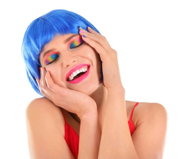 Young woman with rainbow makeup 