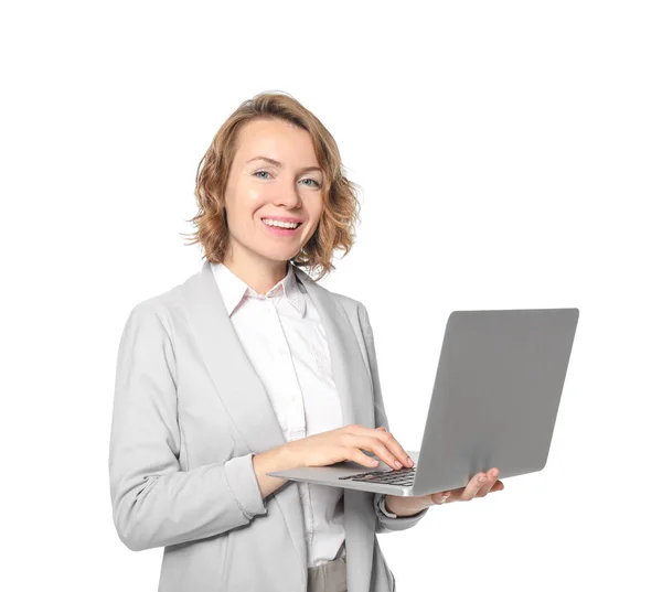 Ženské správce s notebookem na bílém pozadí — Stock fotografie