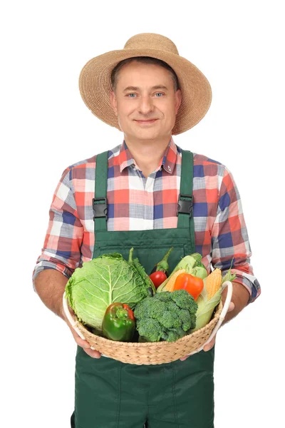 Landbouwingenieur met gezonde groenten op witte achtergrond — Stockfoto