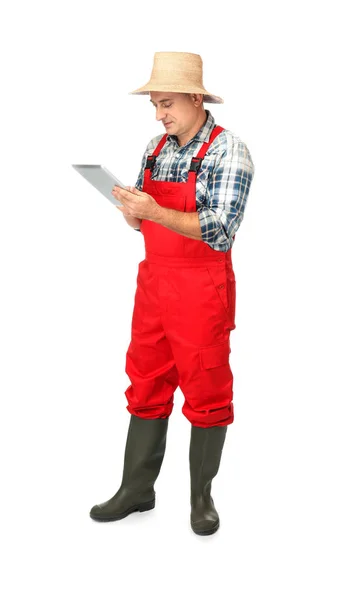 Agronomist with tablet computer against white background — Stock Photo, Image