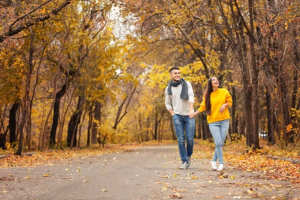 Młoda para spaceru w parku na jesienny dzień — Zdjęcie stockowe