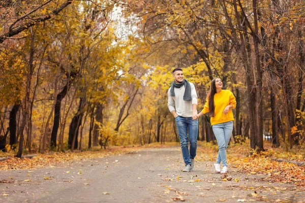 Jong koppel in park lopen op herfstdag — Stockfoto