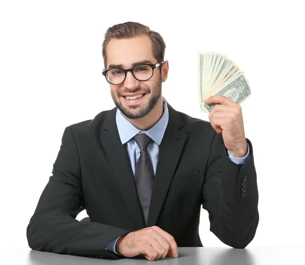 Hombre de negocios feliz con billetes de dólar — Foto de Stock