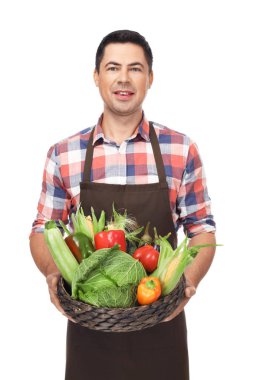 Beyaz arka plan üzerinde sağlıklı sebze ile Ziraat Mühendisi