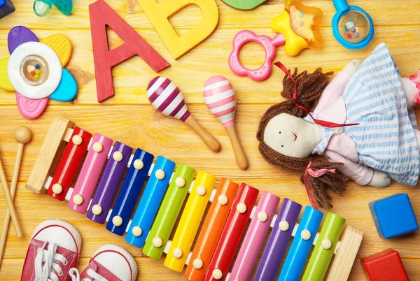 Beautiful composition with xylophone on wooden background. Baby songs concept — Stock Photo, Image