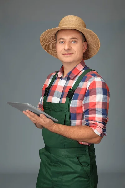 Landbouwingenieur met tablet pc tegen een grijze achtergrond — Stockfoto