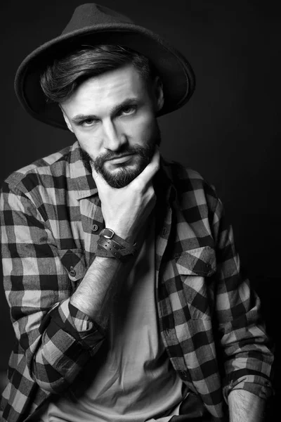 Thoughtful Young Hipster Man Black Background — Stock Photo, Image