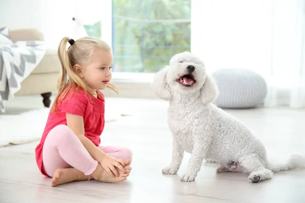 Adorable petite fille avec son chien à la maison — Photo