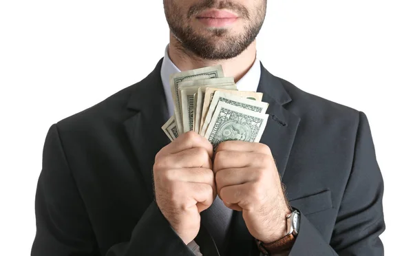 Businessman with dollar bills on white background, closeup — Stock Photo, Image