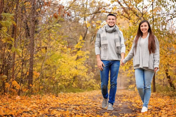 Młoda para spaceru w parku na jesienny dzień — Zdjęcie stockowe