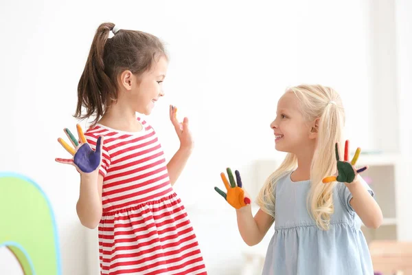 Cute Little Girls Painted Hands Kindergarten — Stock Photo, Image