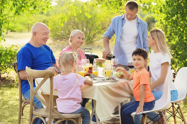 Família feliz ter churrasco festa ao ar livre — Fotografia de Stock