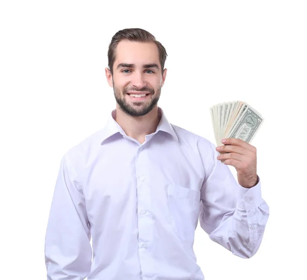 Hombre de negocios guapo con billetes de dólar —  Fotos de Stock