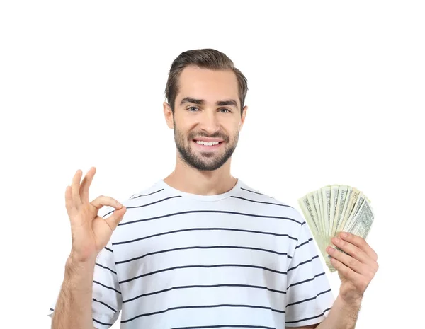 Homem bonito com notas de dólar — Fotografia de Stock