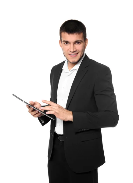 Männlicher Manager mit Tablet-Computer auf weißem Hintergrund — Stockfoto