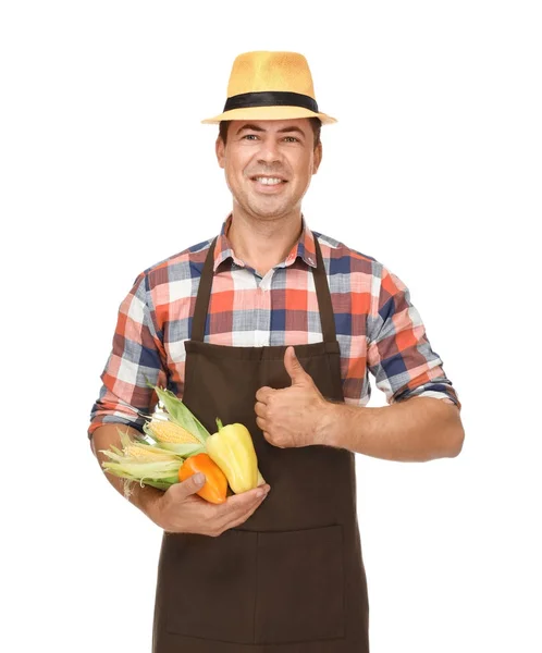 Агрономіст зі здоровими овочами на білому тлі — стокове фото