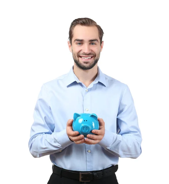 Handsome businessman with piggy bank — Stock Photo, Image