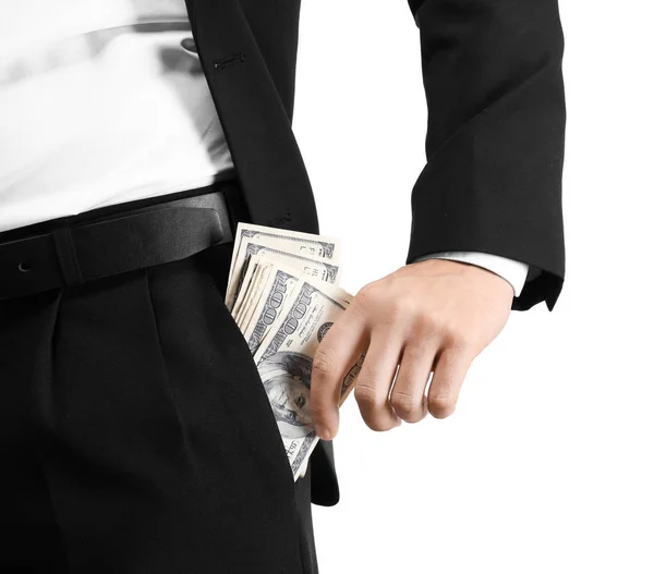 Businessman with dollar bills in pocket on white background, closeup — Stock Photo, Image