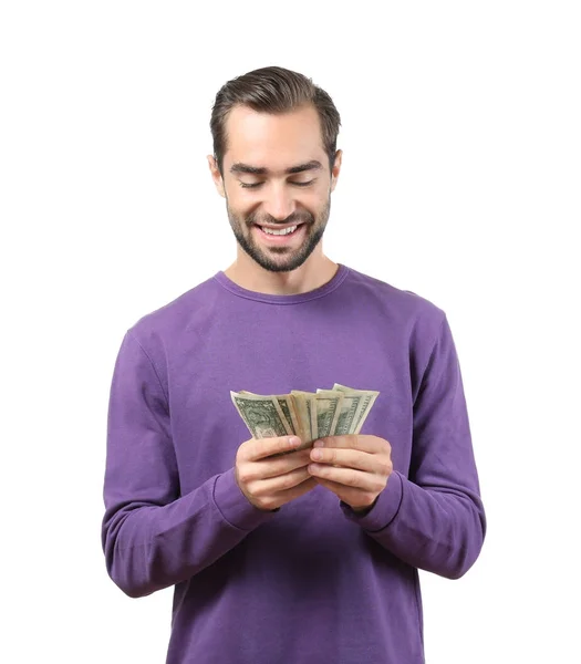 Uomo felice con banconote da un dollaro — Foto Stock