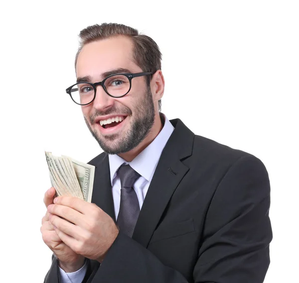 Bonito homem de negócios com notas de dólar — Fotografia de Stock