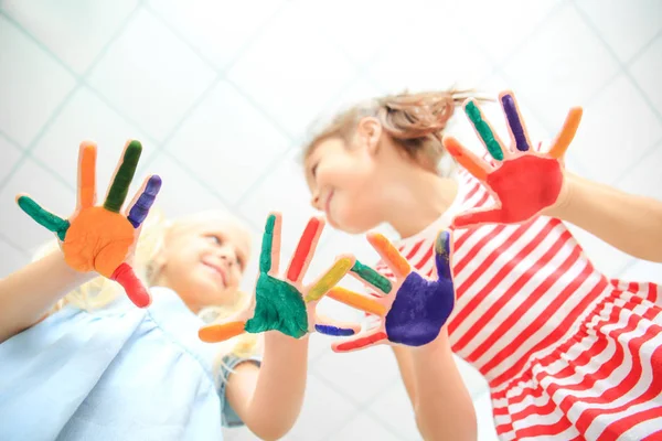 Cute Little Girls Painted Hands Kindergarten — Stock Photo, Image